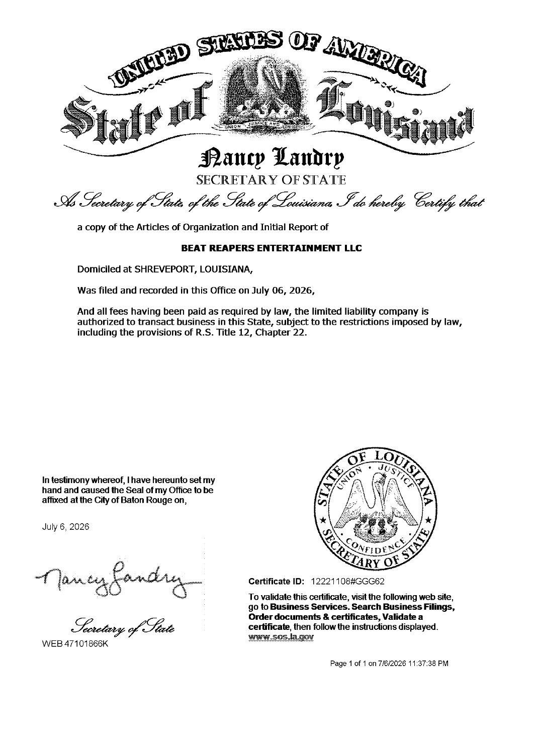 Louisiana Secretary of State certificate recording the formation of Beat Reapers Entertainment LLC on July 6, 2026, charter 47101866K.